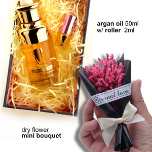 Argan Oil 50ml and Mini Roller 2ml with Dry Flower Mini Bouquet.